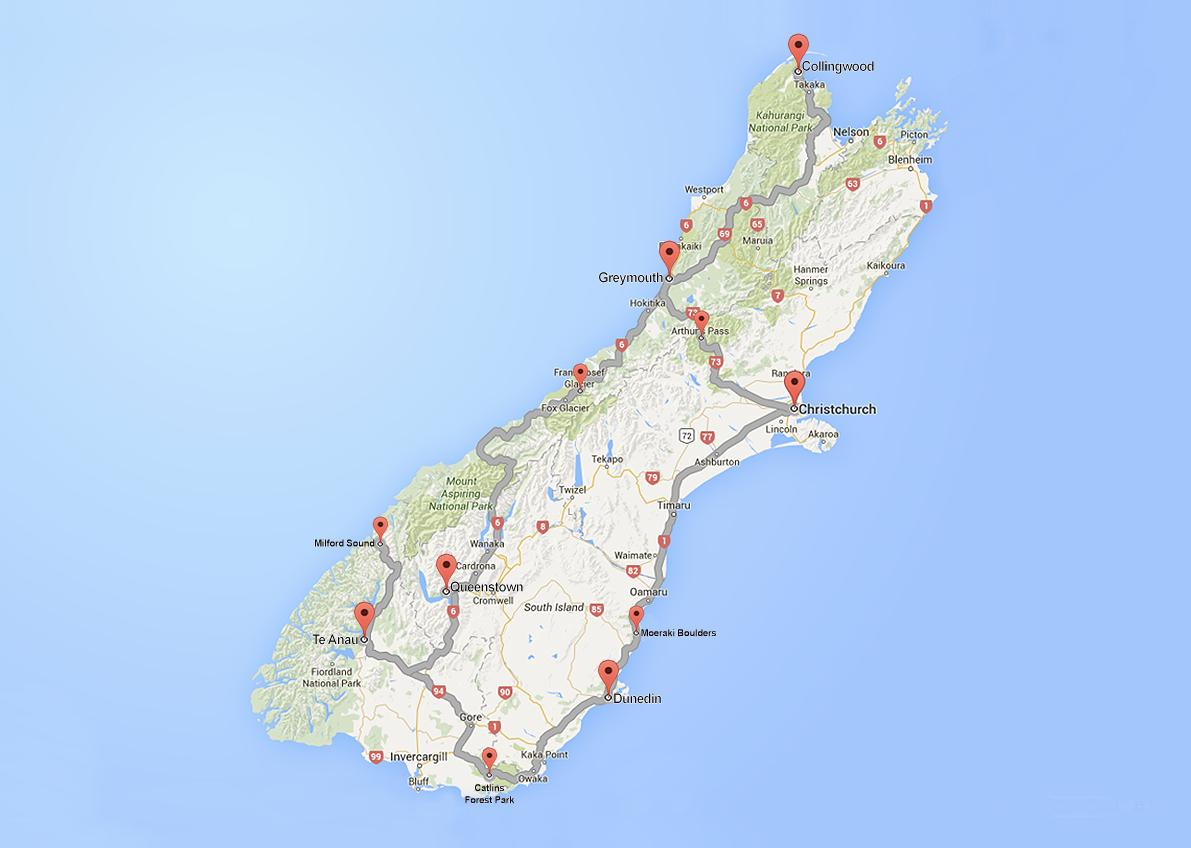 Road trip map south island new zealand - Detailed road map of south ...